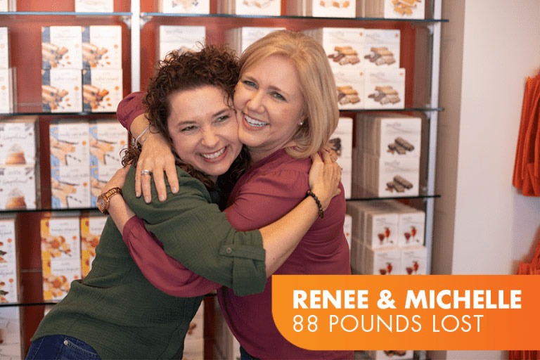 Renee and Michelle lost 88 pounds on Profile. Photo of two friends hugging