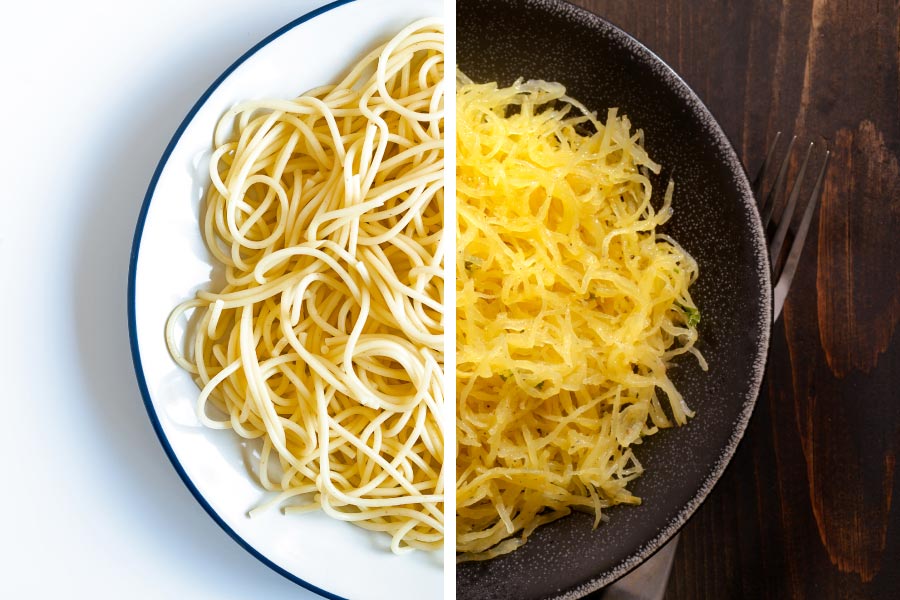 healthy food swap, spaghetti noodles swapped for spaghetti squash